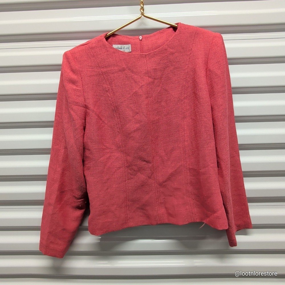 Henry Lee Size 12 Women Coral Pink Textured Crepe Long Sleeve Blouse Vintage